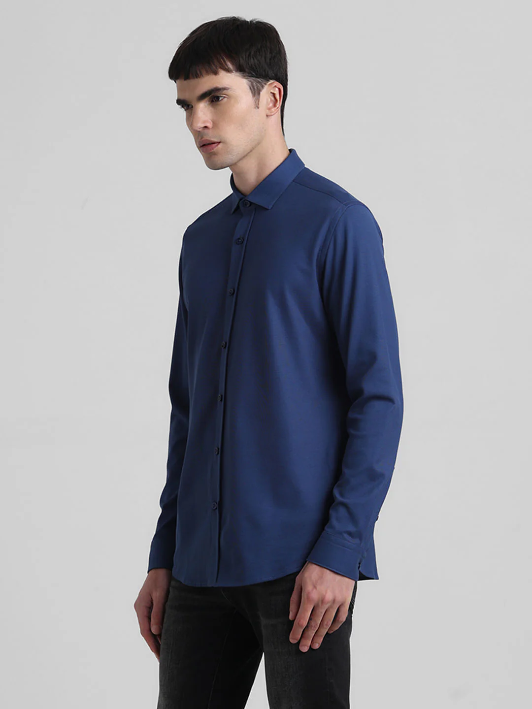 Dark Blue Knitted Full Sleeves Shirt - Image 3