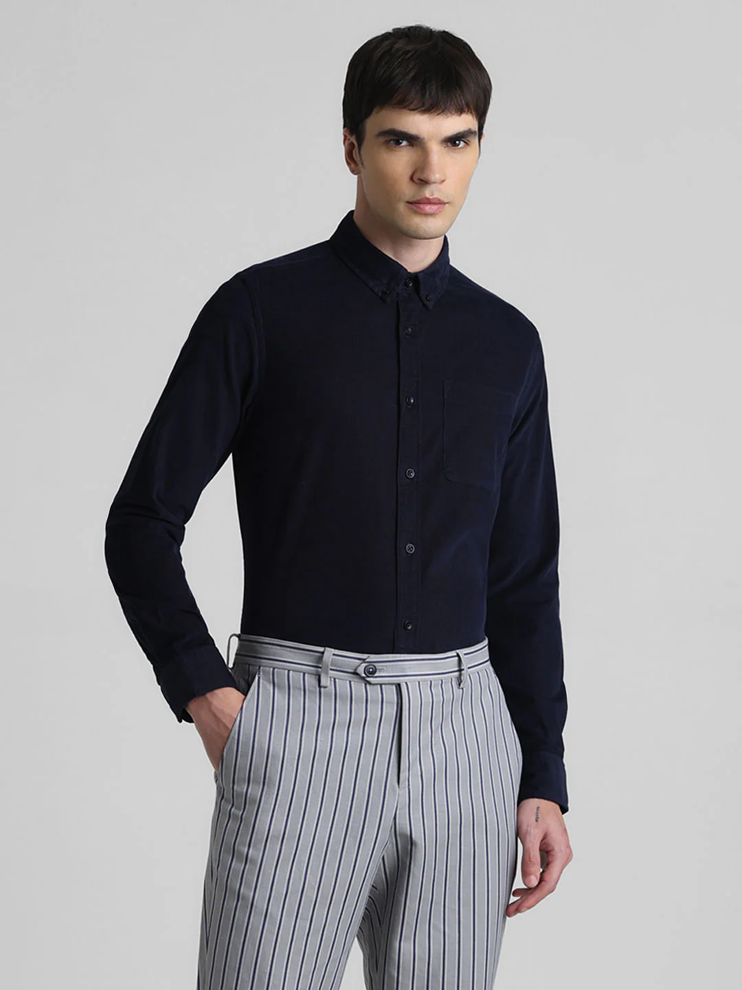 Navy Blue Corduroy Full Sleeves Shirt - Image 2