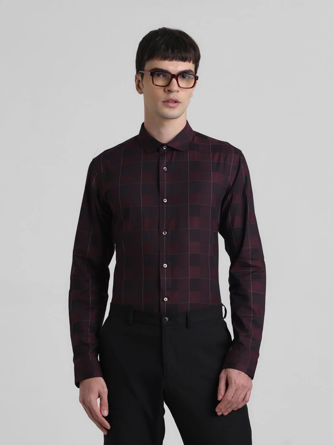 Maroon Dobby Check Full Sleeves Shirt