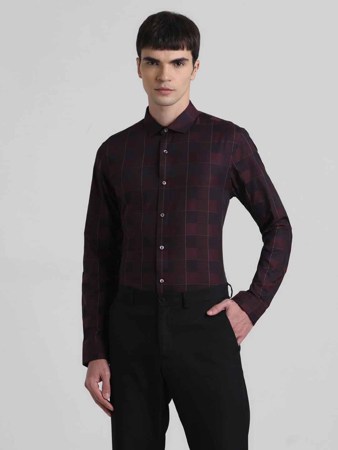 Maroon Dobby Check Full Sleeves Shirt - Image 2