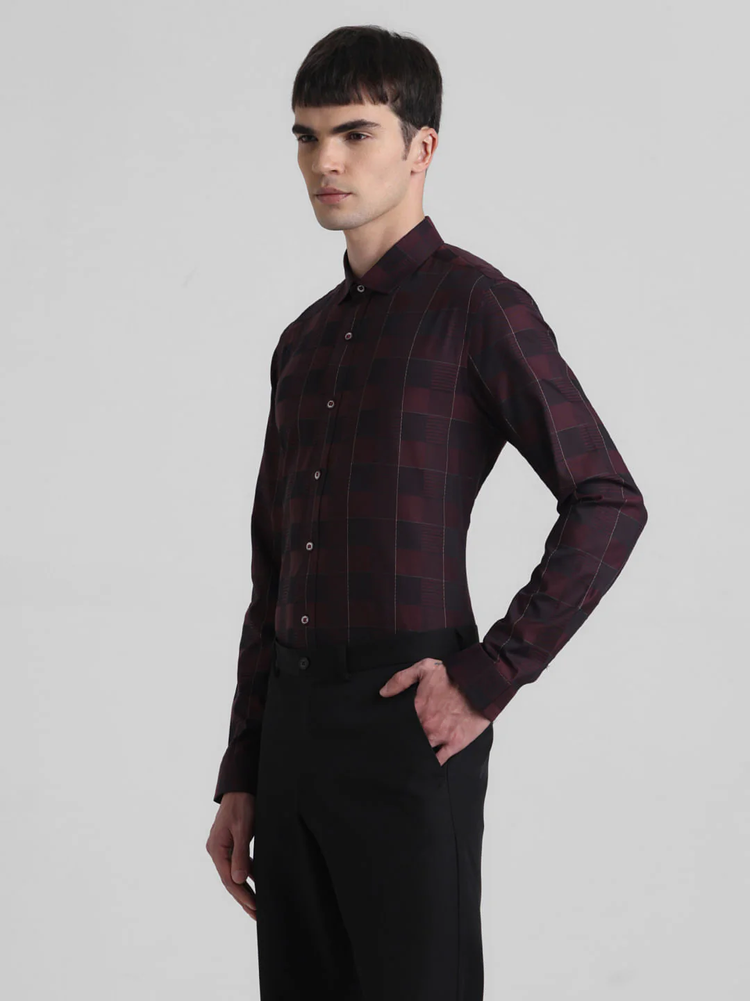 Maroon Dobby Check Full Sleeves Shirt - Image 3