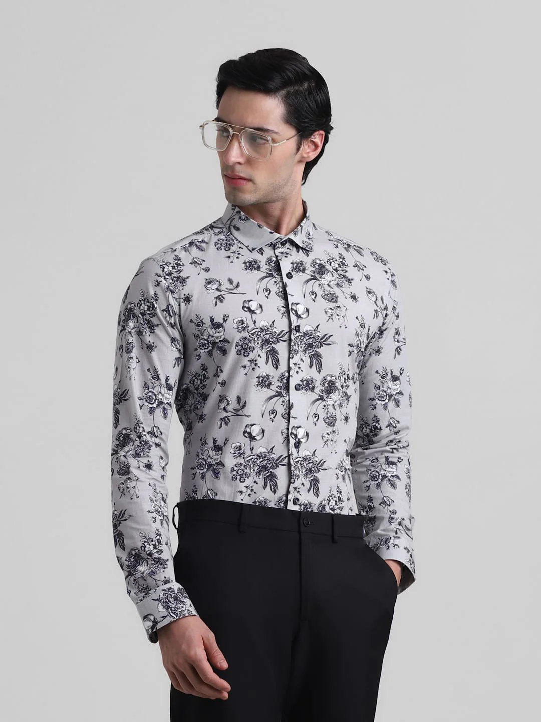 Grey Floral Print Full Sleeves Shirt