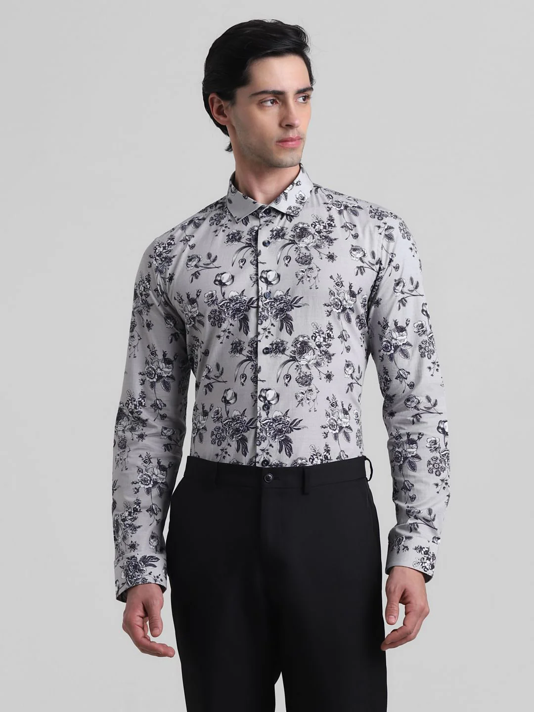 Grey Floral Print Full Sleeves Shirt - Image 2