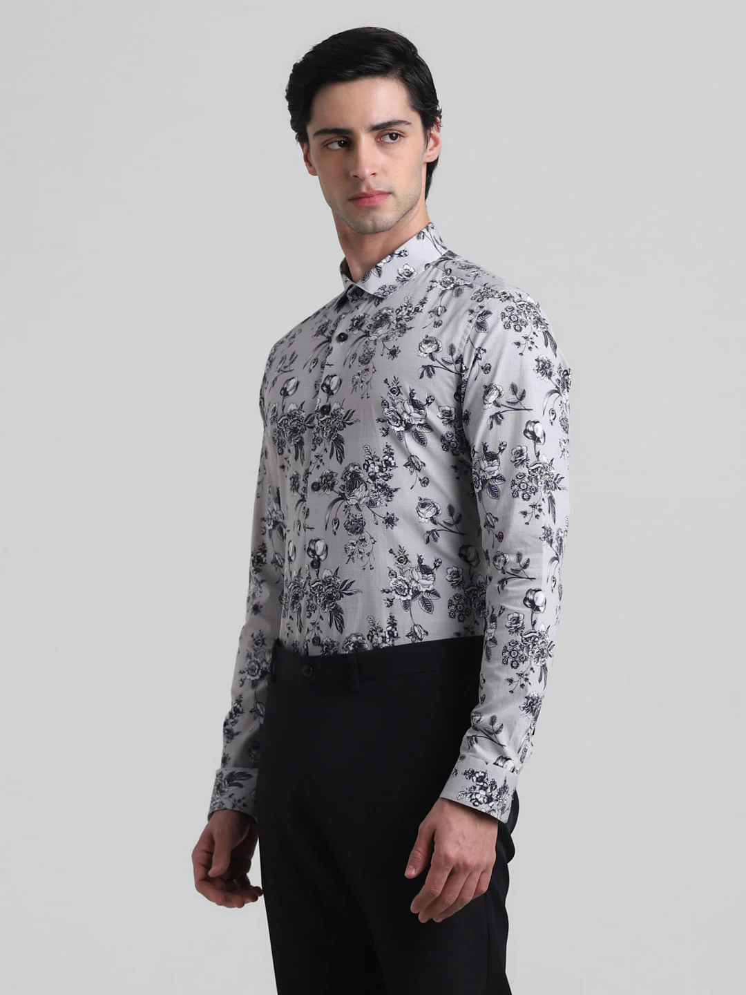 Grey Floral Print Full Sleeves Shirt - Image 3