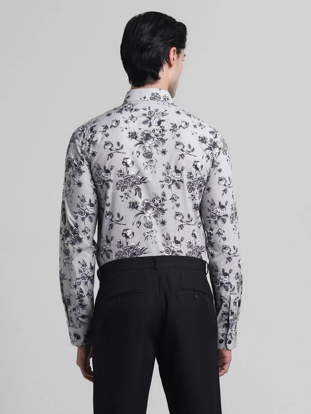 Grey Floral Print Full Sleeves Shirt - Image 4