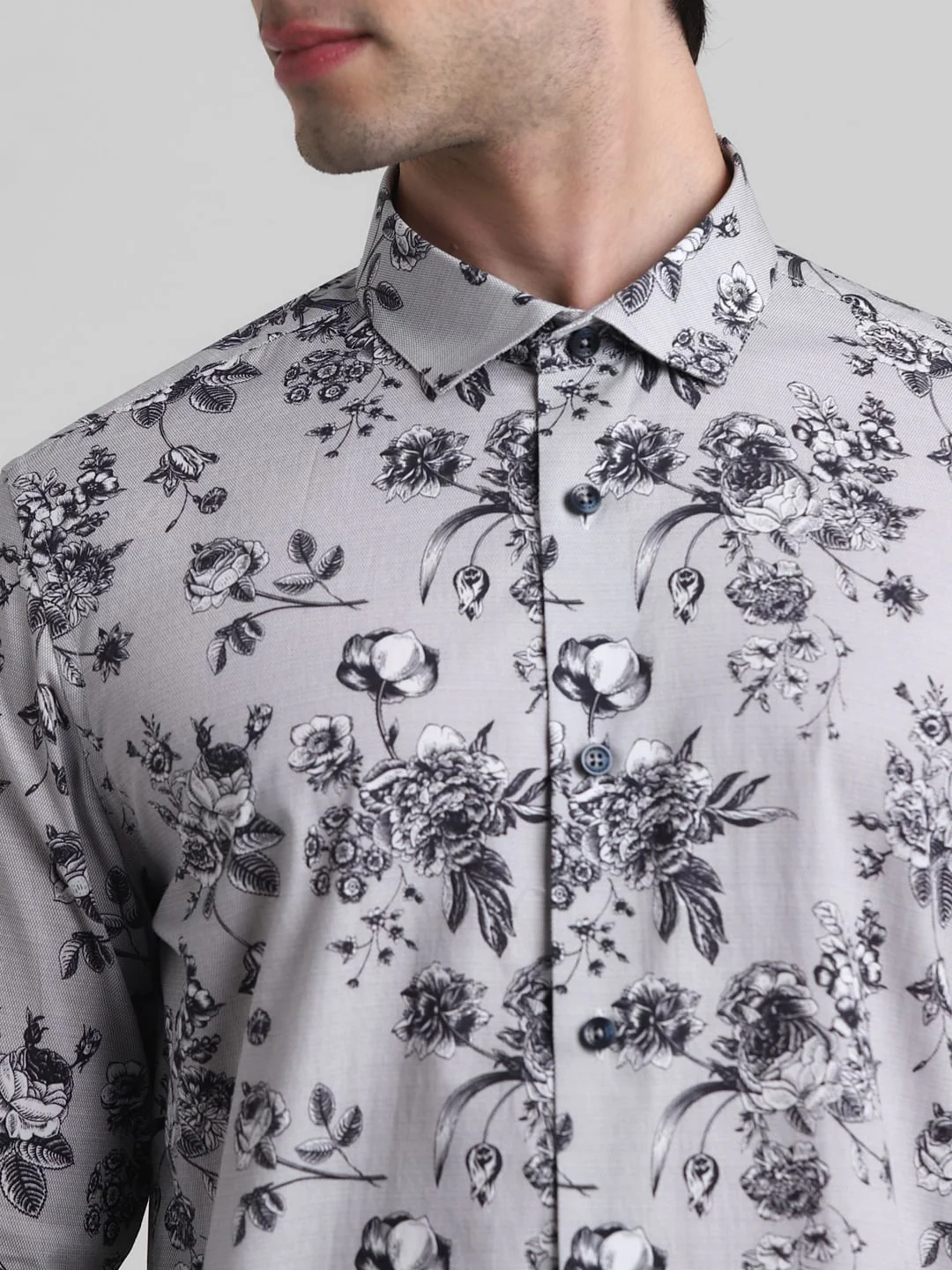 Grey Floral Print Full Sleeves Shirt - Image 5