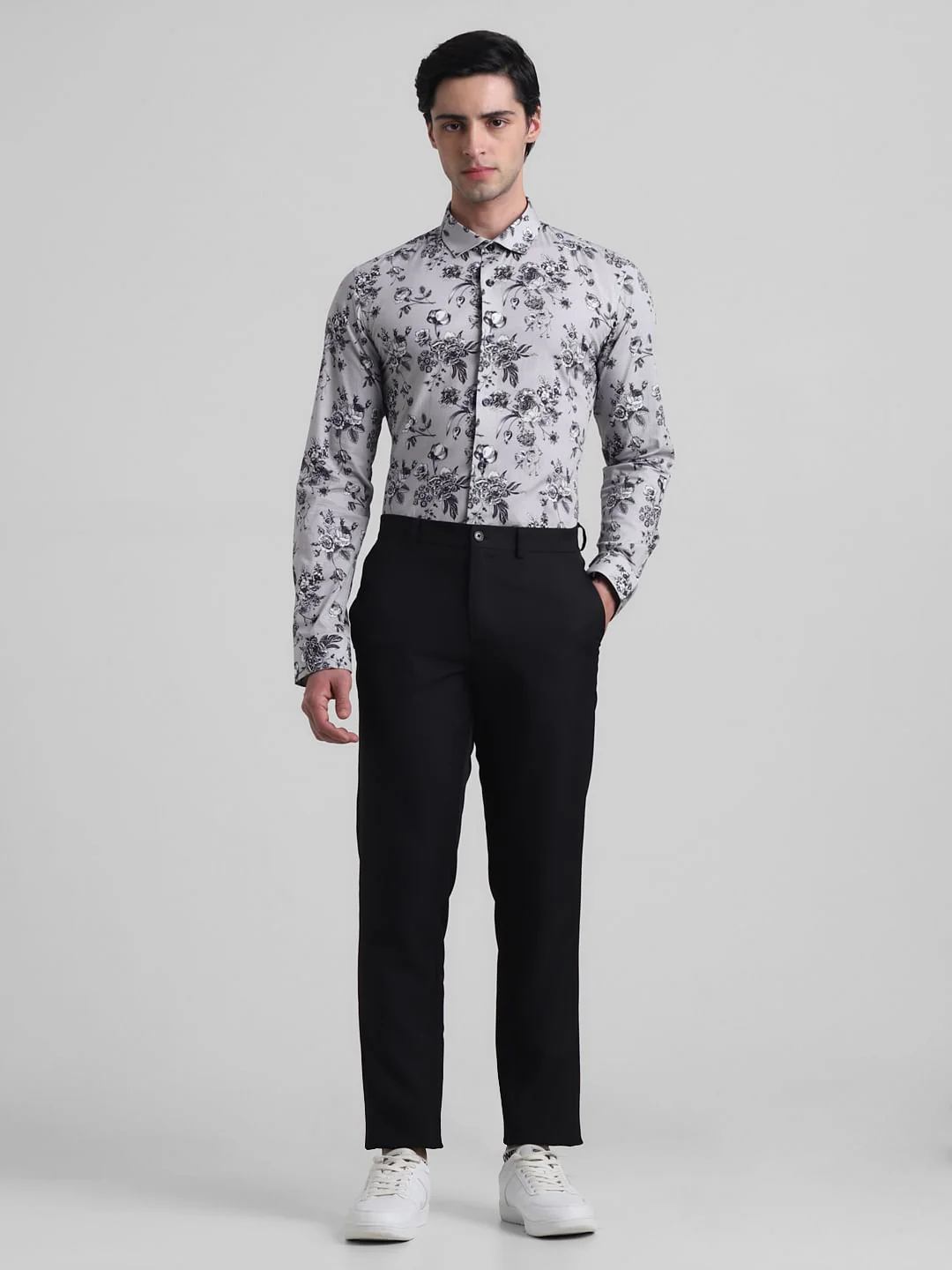 Grey Floral Print Full Sleeves Shirt - Image 6