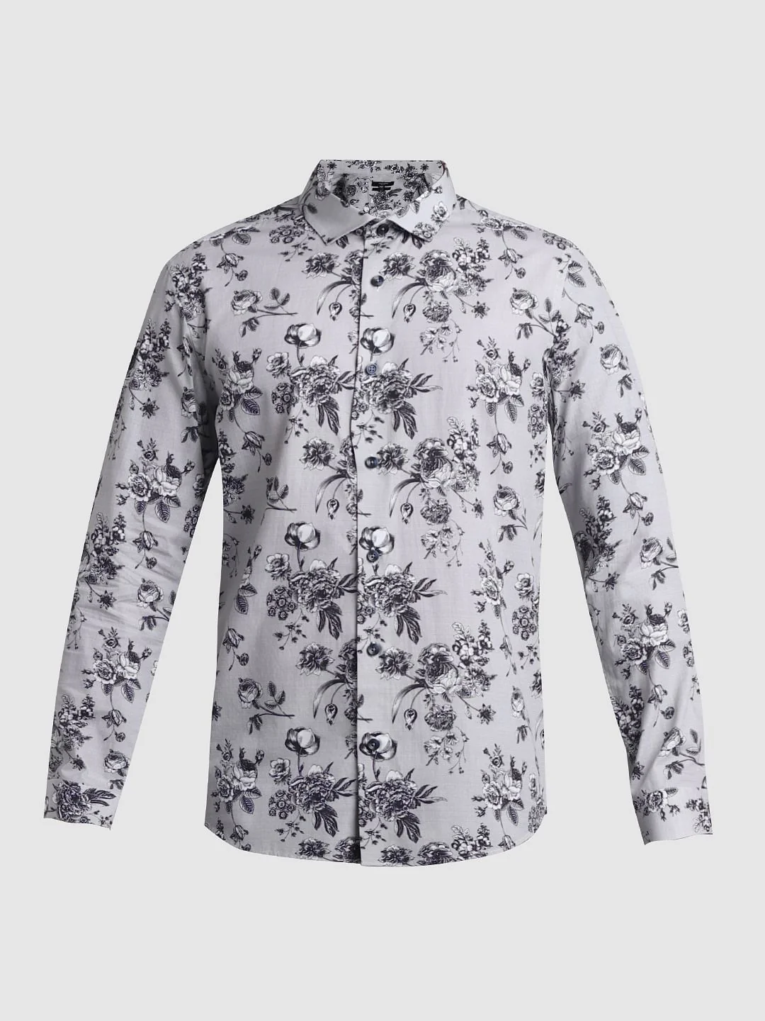 Grey Floral Print Full Sleeves Shirt - Image 7