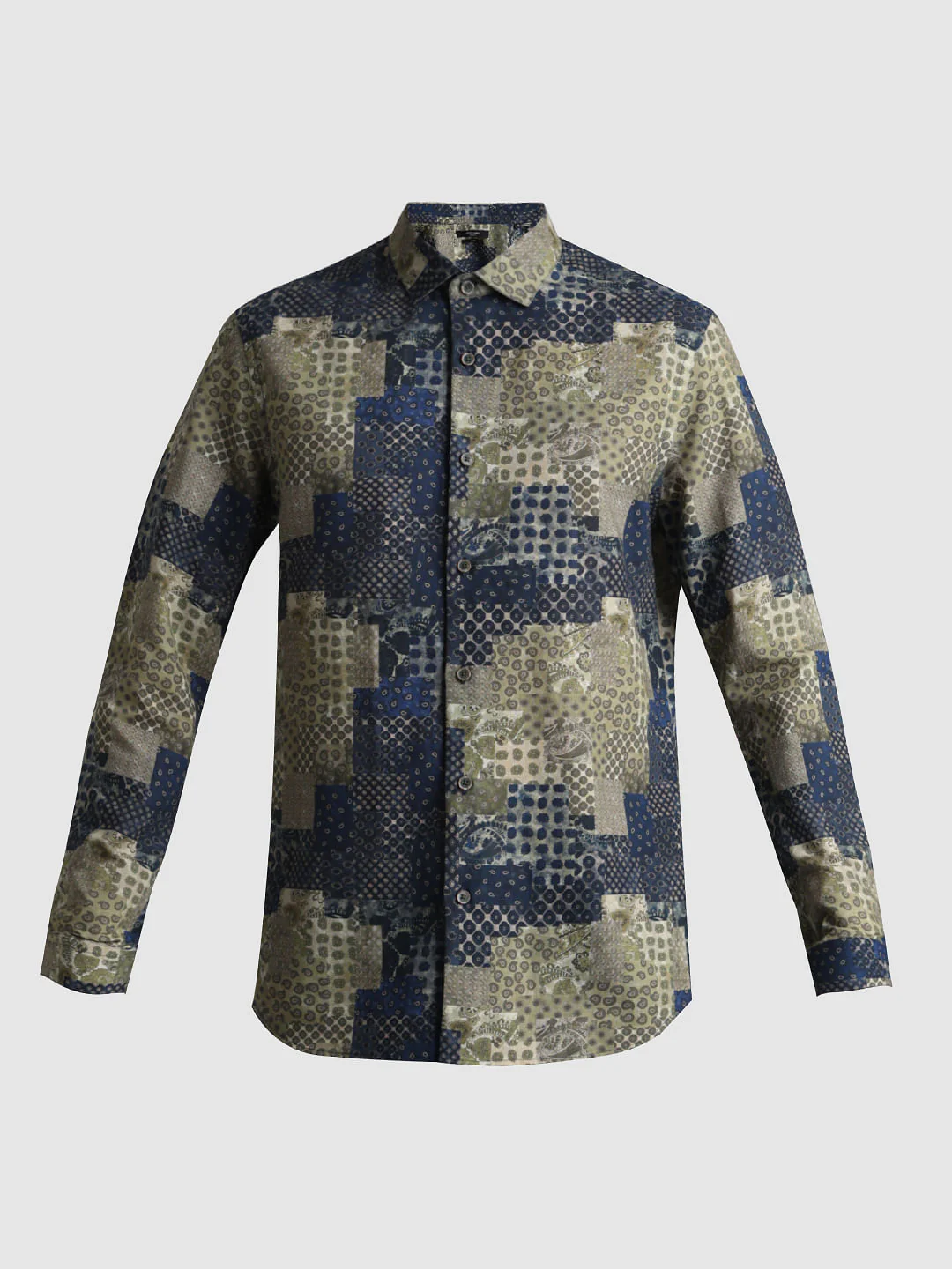 Blue Patch Print Linen Shirt - Image 7