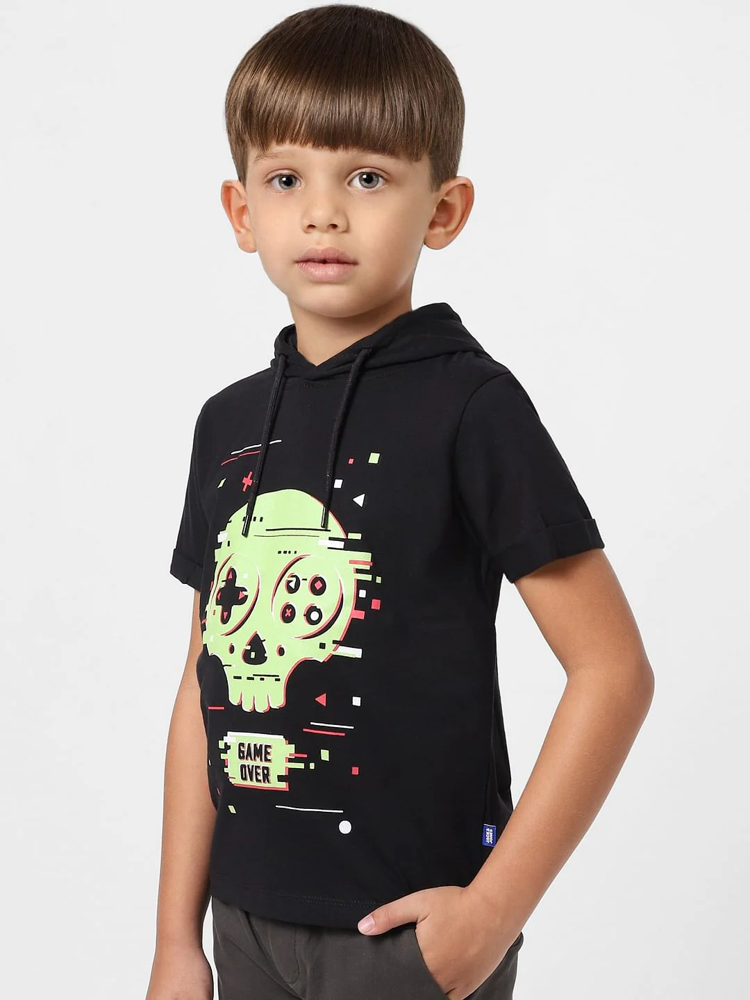 Boys Black Graphic Print Hooded T-shirt - Image 3