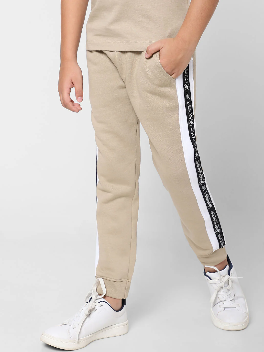 Boys Beige Mid Rise Tape Detail Sweatpants - Image 3