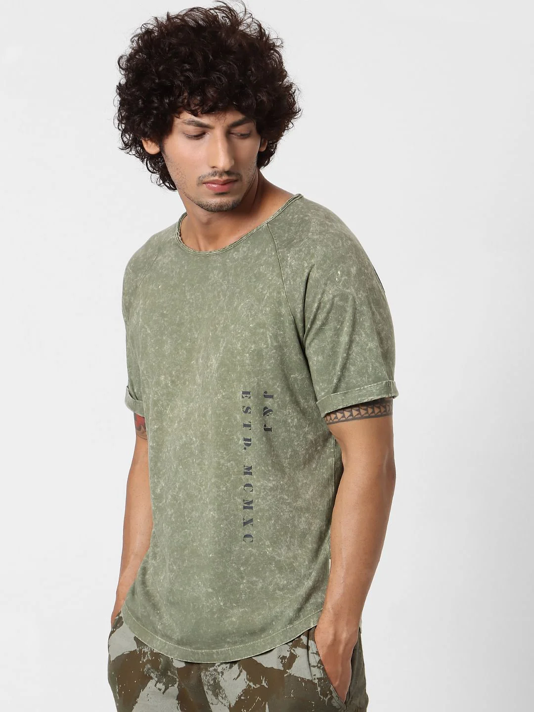 Olive Green Acid Washed Crew Neck T-shirt - Image 2