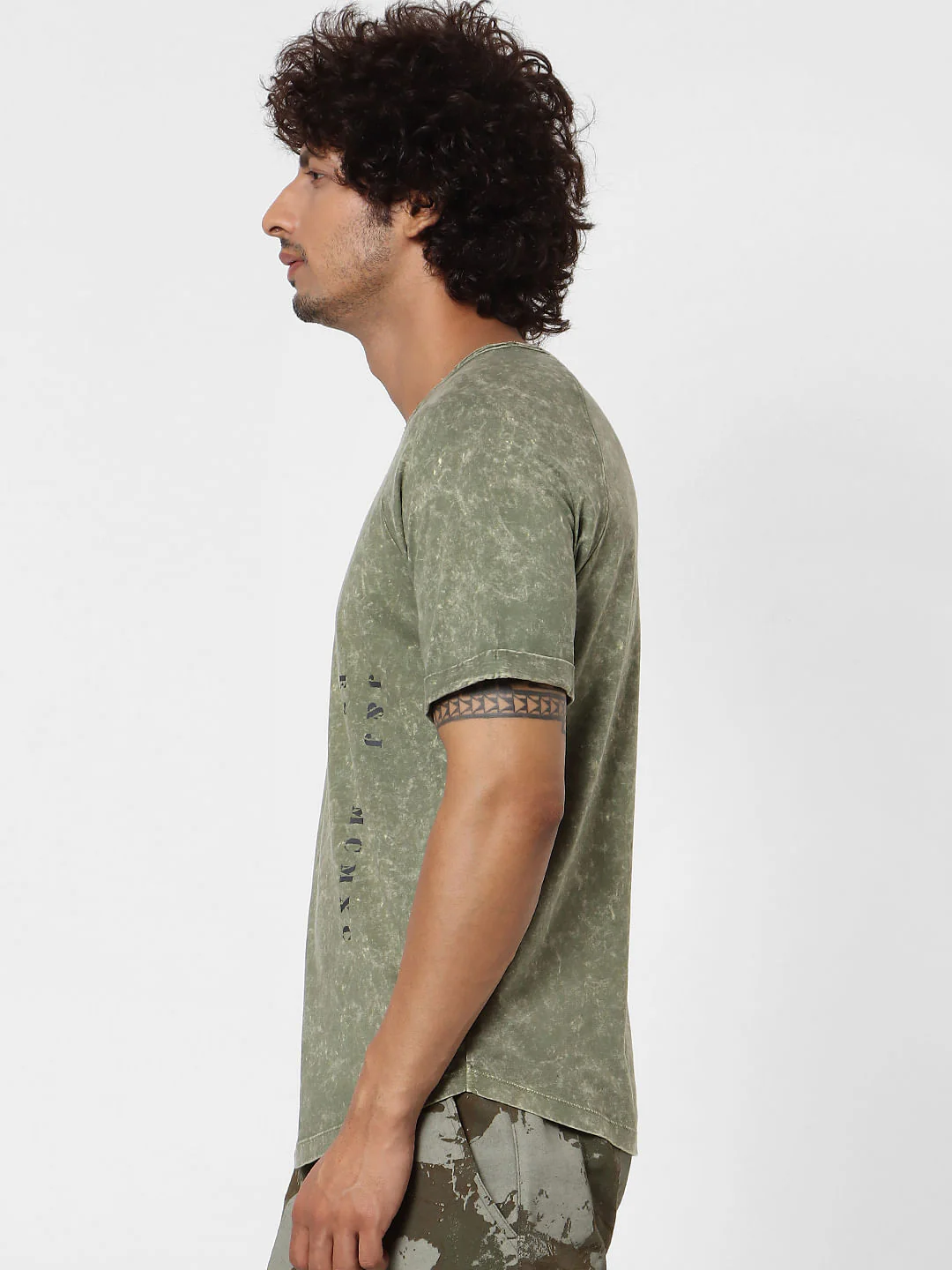 Olive Green Acid Washed Crew Neck T-shirt - Image 3