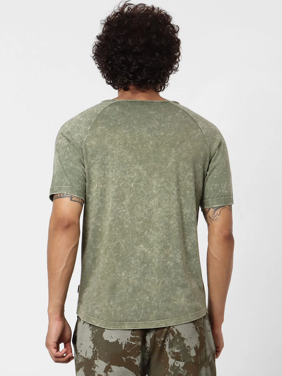 Olive Green Acid Washed Crew Neck T-shirt - Image 4