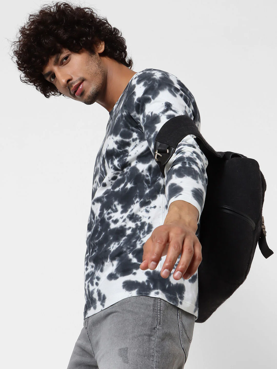 Black Full Sleeves Tie Dye Crew Neck T-shirt