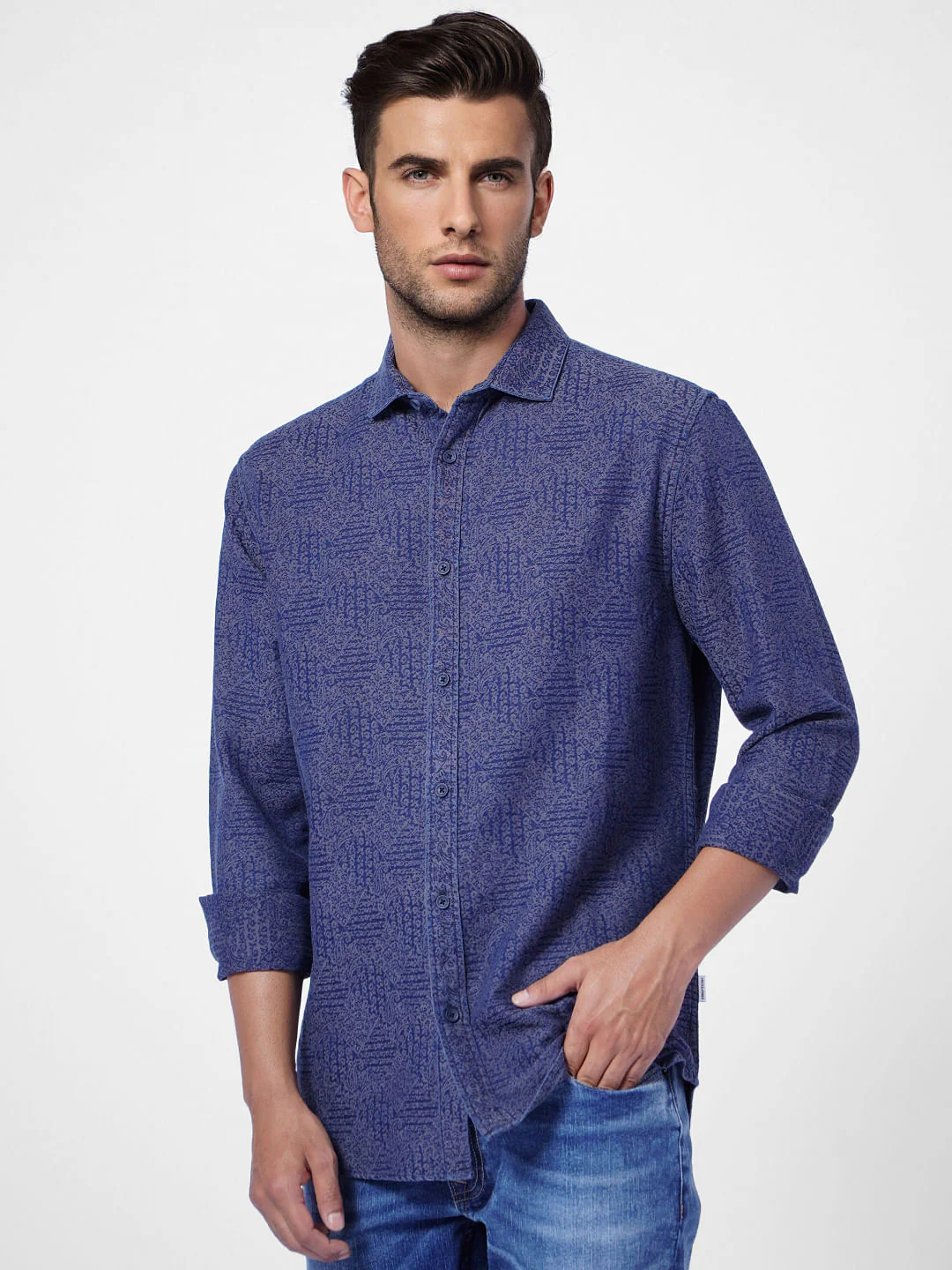Blue Printed Full Sleeves Shirt - Image 2