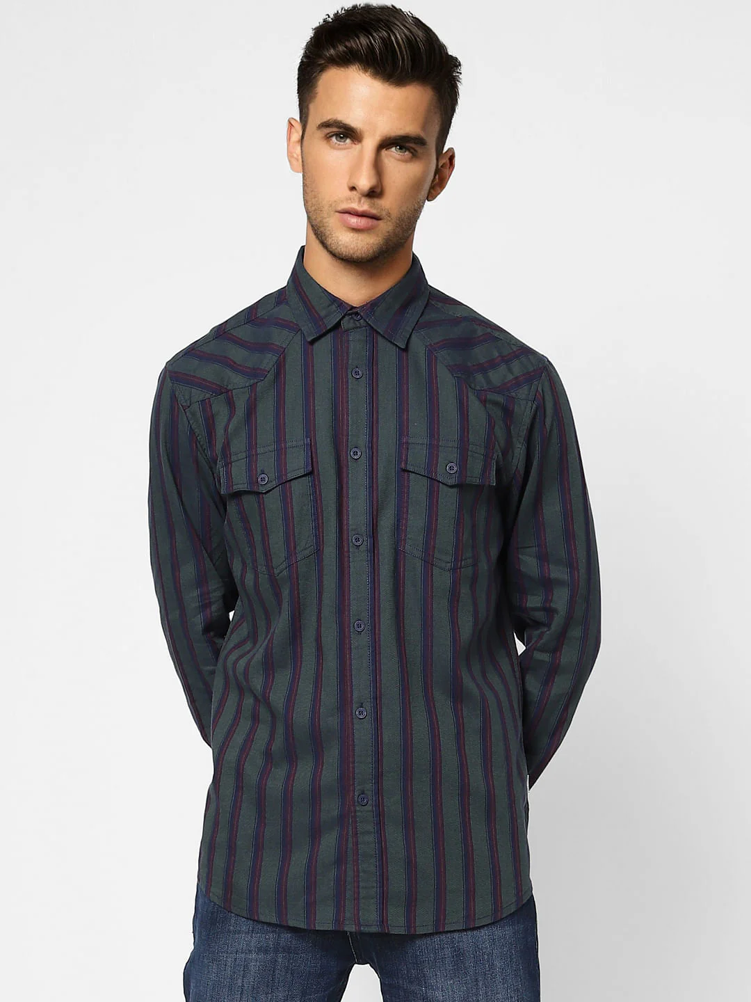 Dark Green Striped Full Sleeves Shirt - Image 2