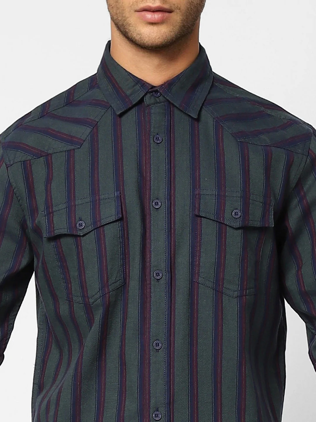 Dark Green Striped Full Sleeves Shirt - Image 5