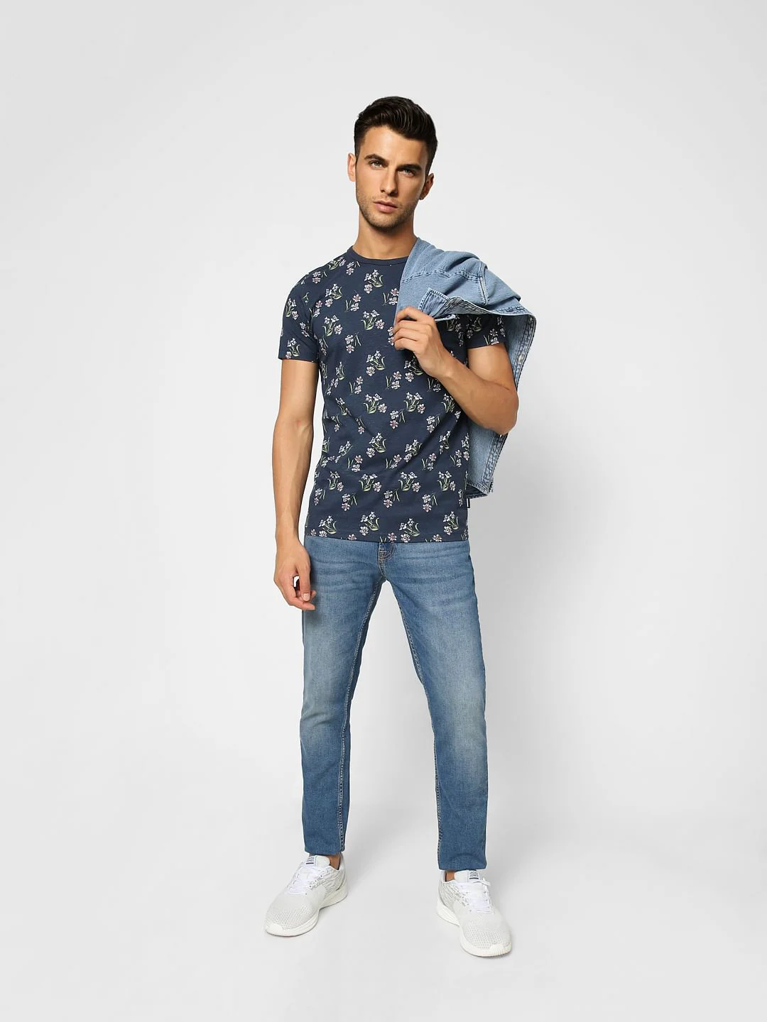 Blue Floral Crew Neck T-shirt