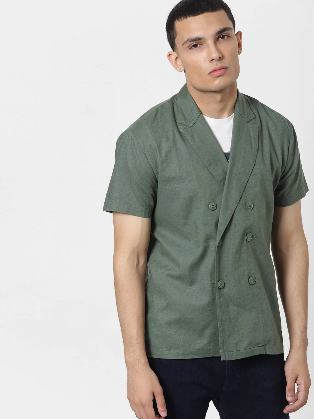 Green Lapel Linen Blend Short Sleeves Shirt