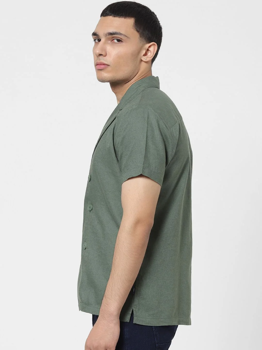 Green Lapel Linen Blend Short Sleeves Shirt - Image 3