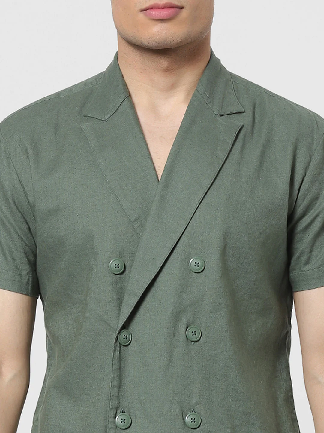Green Lapel Linen Blend Short Sleeves Shirt - Image 5