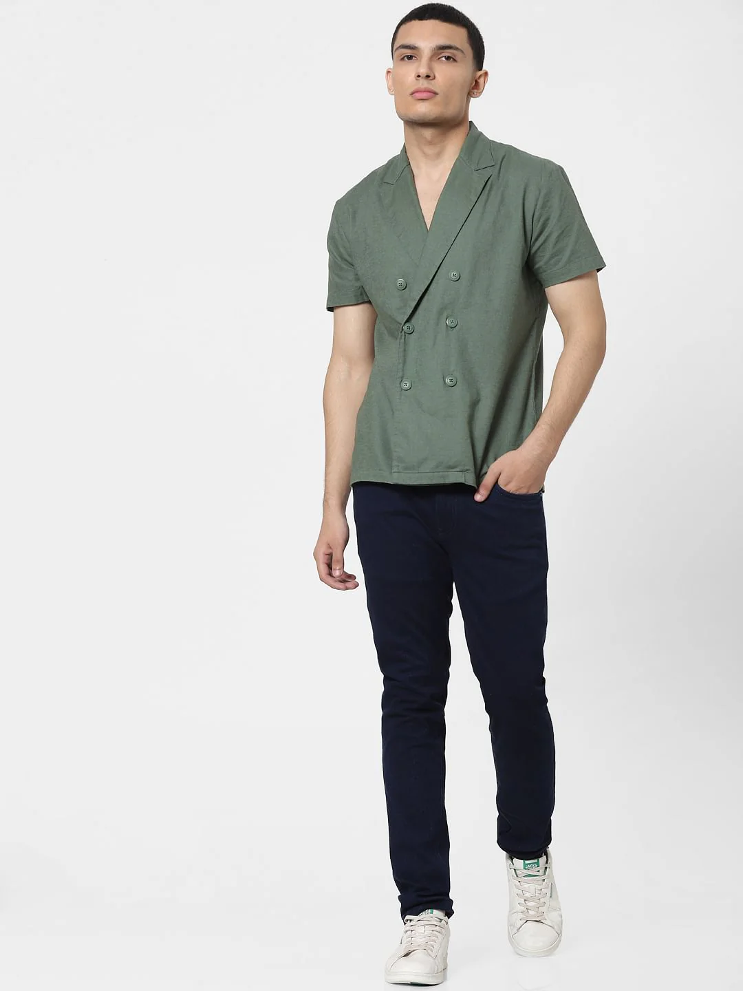 Green Lapel Linen Blend Short Sleeves Shirt - Image 6