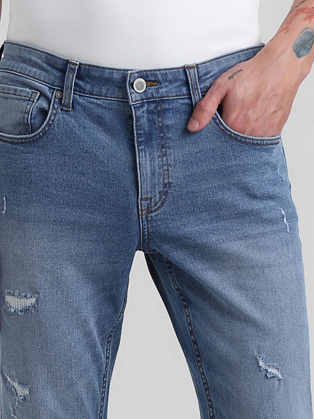 Light Blue Low Rise Distressed Glenn Slim Fit Jeans - Image 4