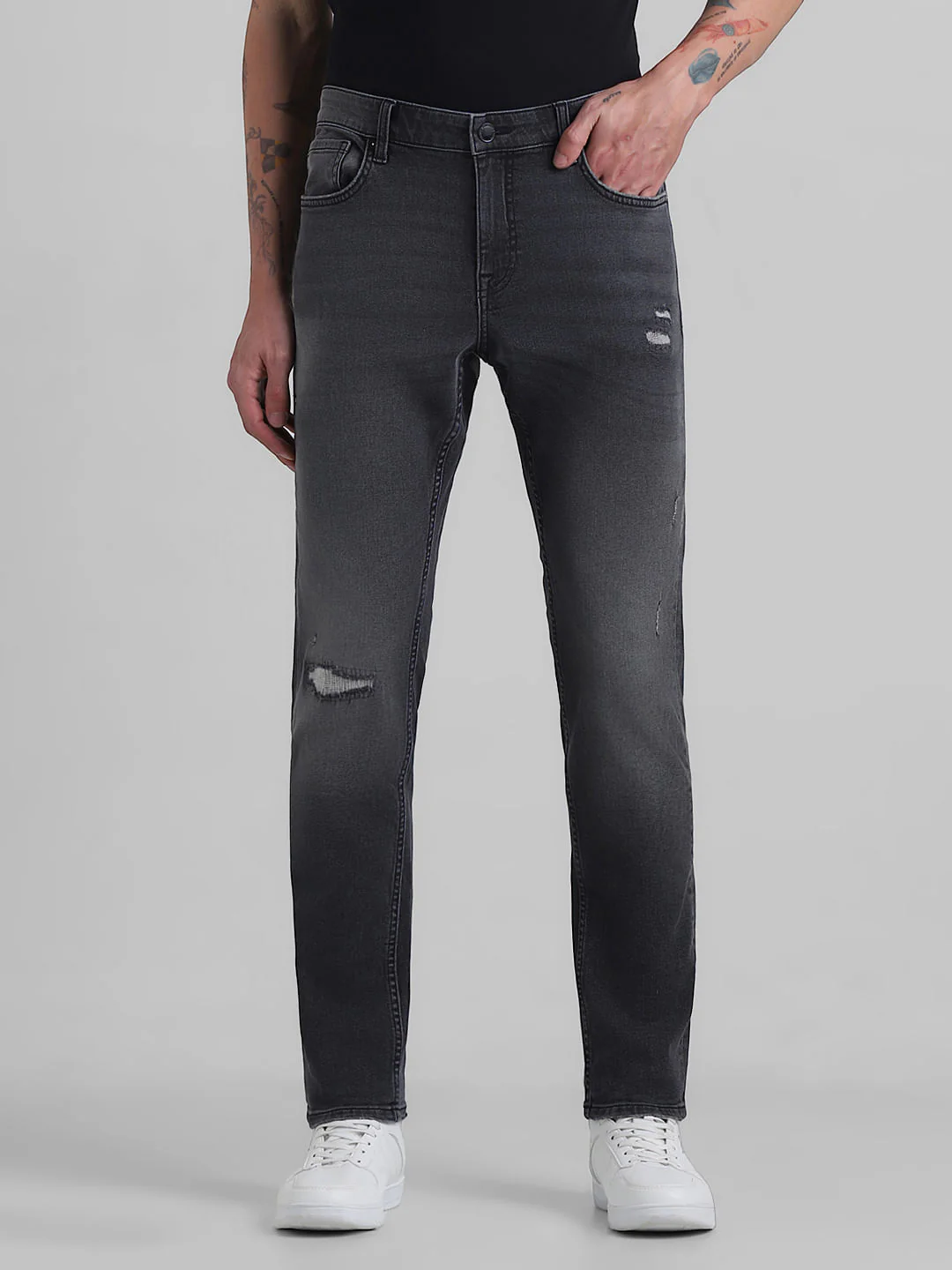 Black Low Rise Distressed Glenn Slim Fit Jeans