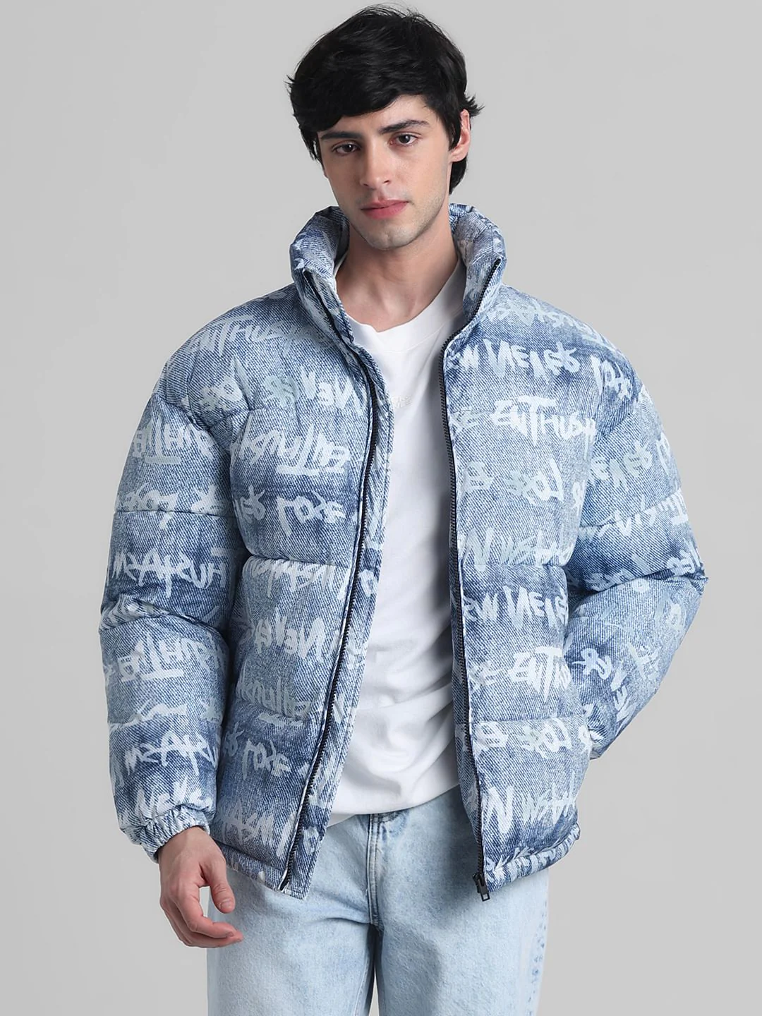 Blue Typographic Print High Neck Puffer Jacket - Image 2