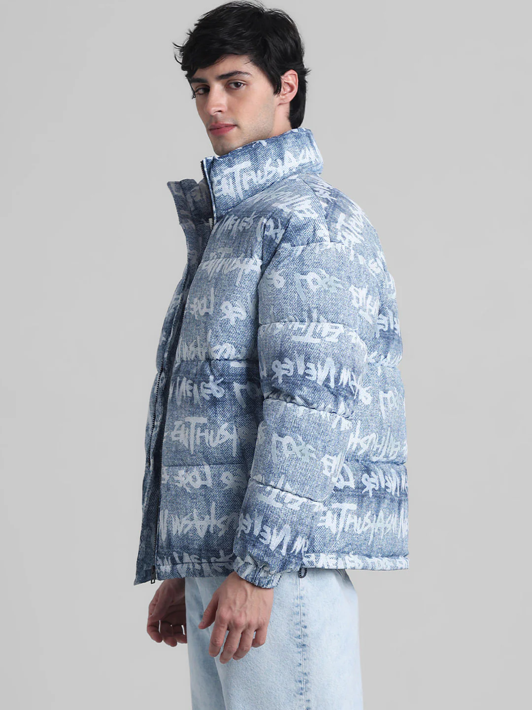 Blue Typographic Print High Neck Puffer Jacket - Image 3