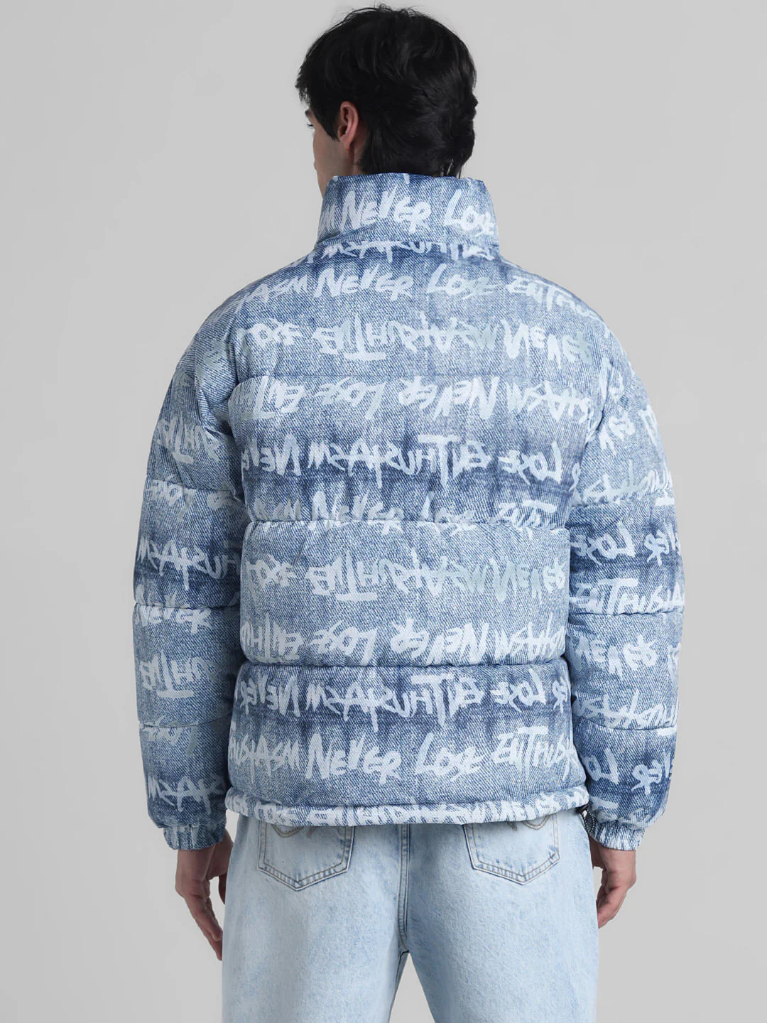 Blue Typographic Print High Neck Puffer Jacket - Image 4