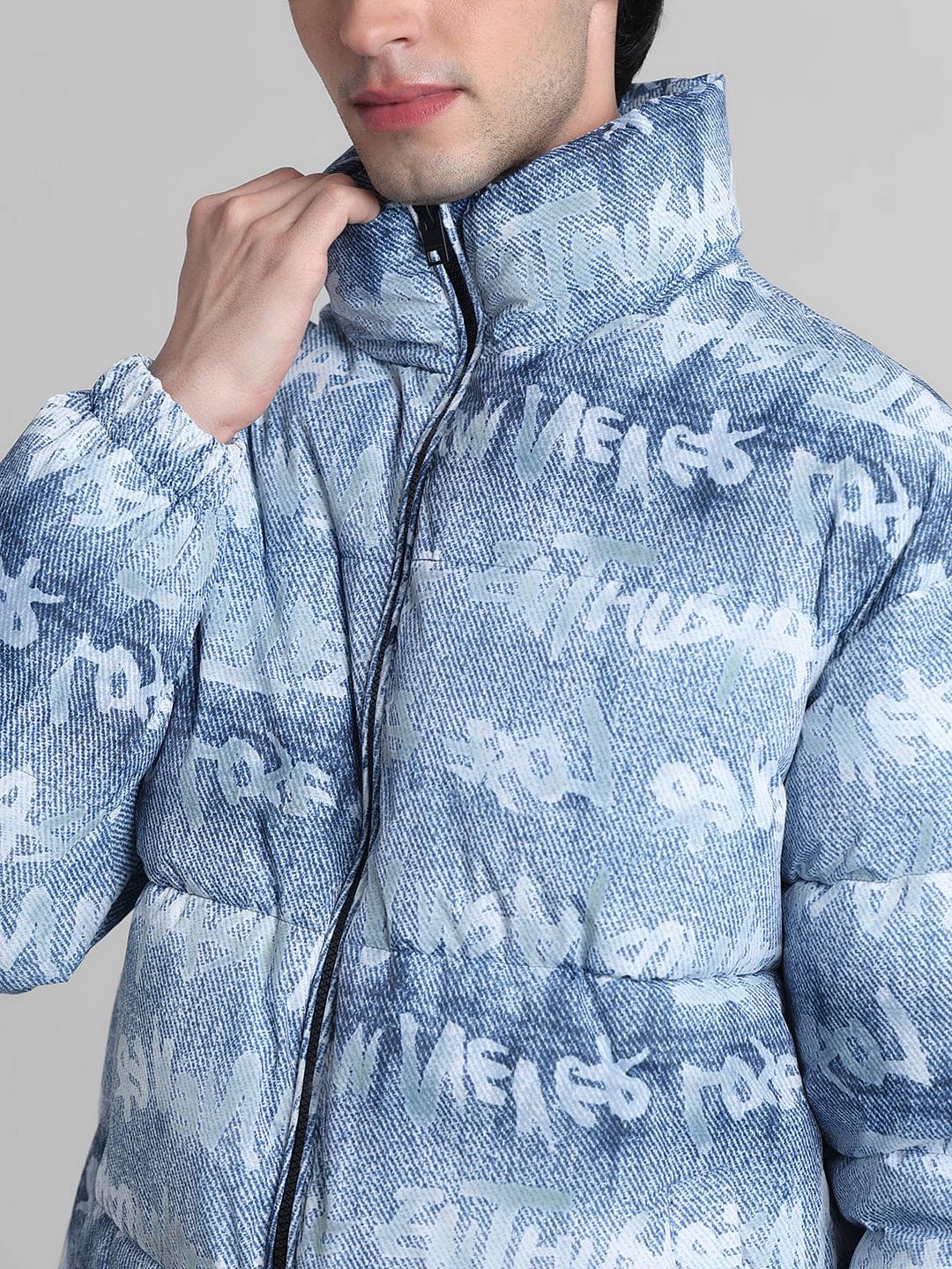 Blue Typographic Print High Neck Puffer Jacket - Image 5