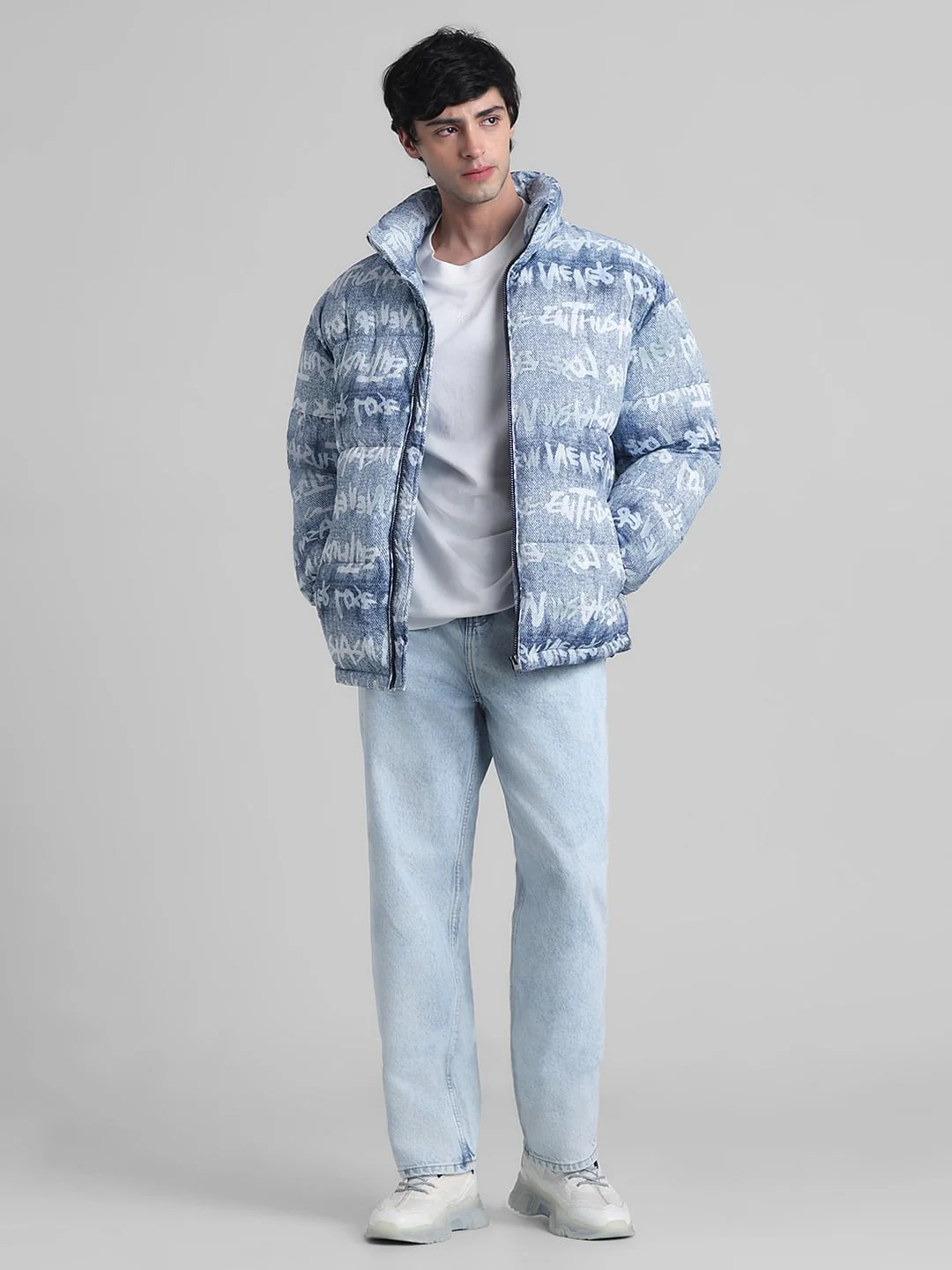 Blue Typographic Print High Neck Puffer Jacket - Image 6