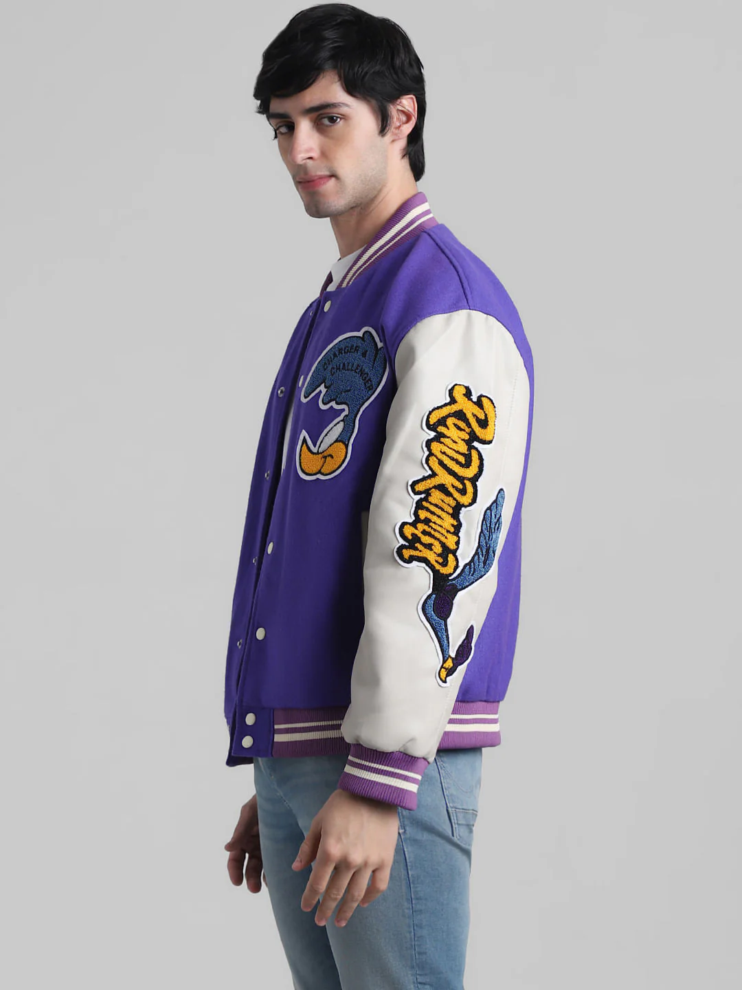 Purple Colourblocked Varsity Bomber Jacket - Image 3