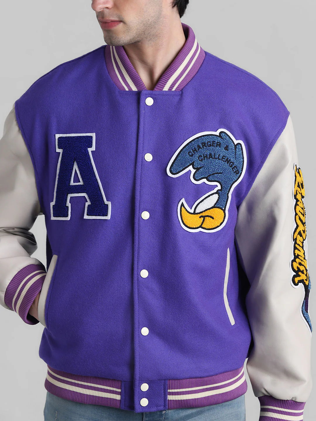 Purple Colourblocked Varsity Bomber Jacket - Image 5