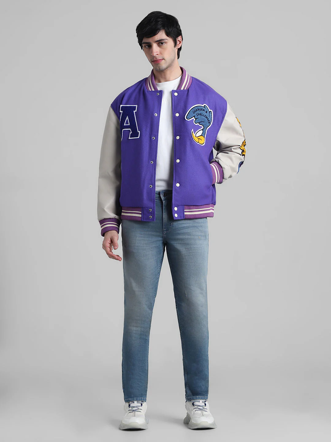 Purple Colourblocked Varsity Bomber Jacket - Image 7