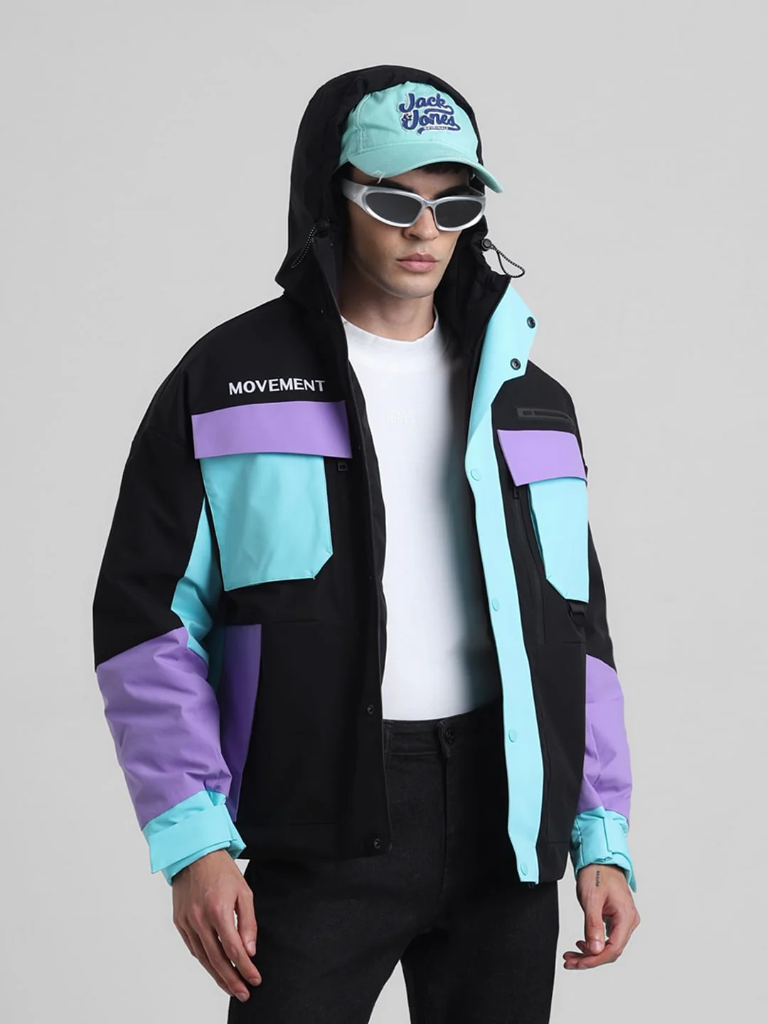 Black Colourblocked Hooded Jacket