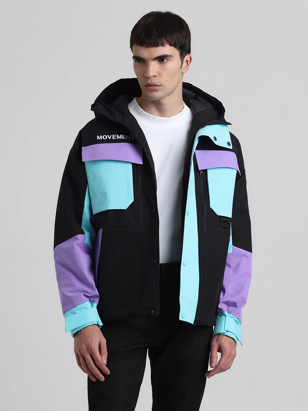 Black Colourblocked Hooded Jacket - Image 2