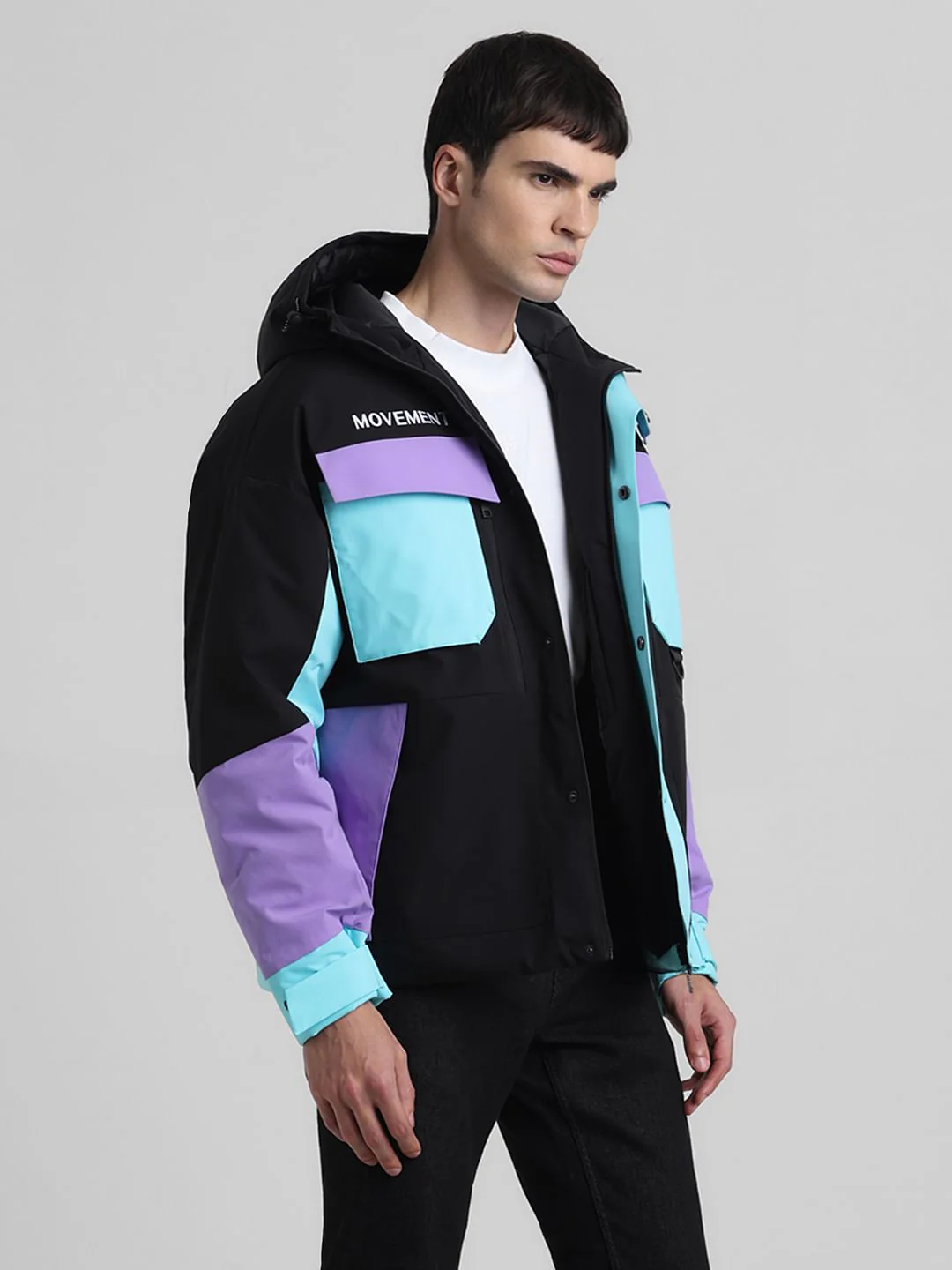 Black Colourblocked Hooded Jacket - Image 3