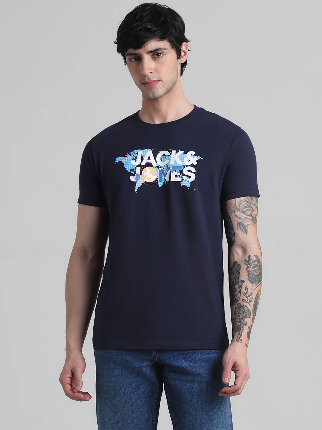 Navy Blue Printed Crew Neck T-shirt - Image 2