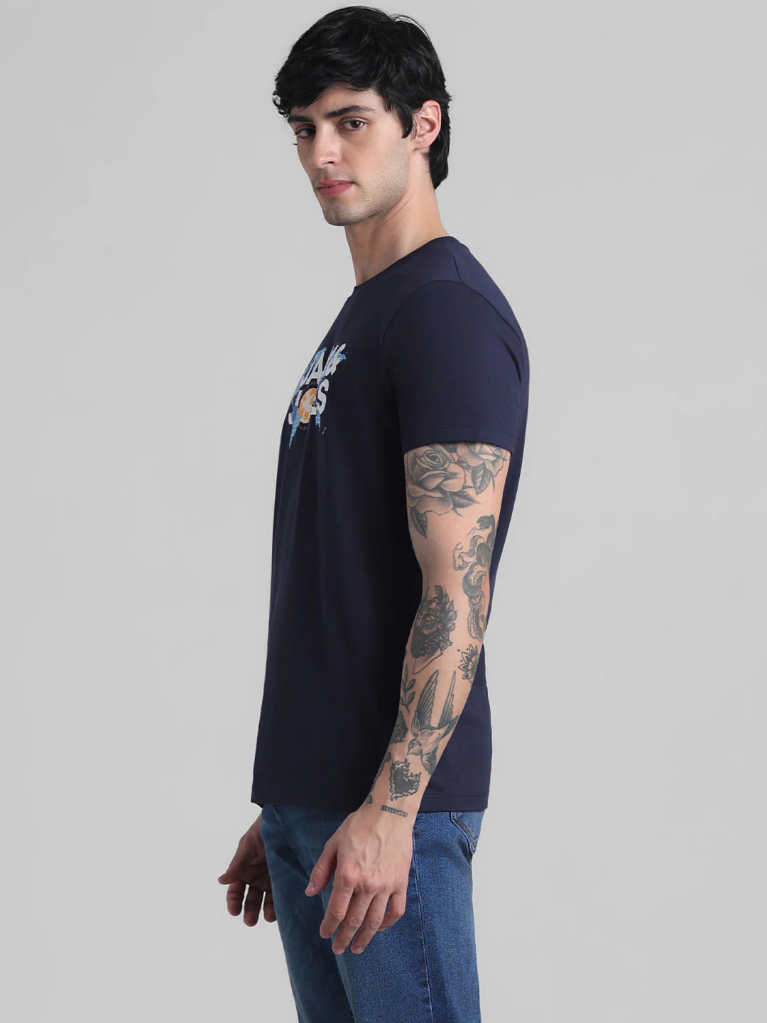 Navy Blue Printed Crew Neck T-shirt - Image 3