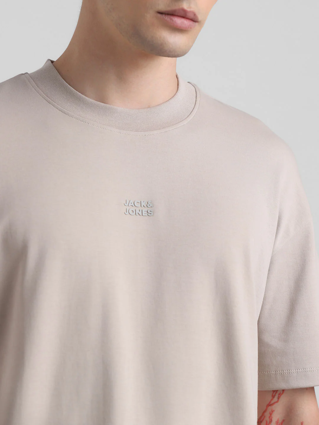 Beige Logo Text Oversized Crew Neck T-shirt - Image 5
