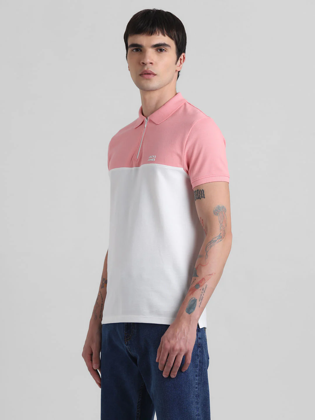 Pink Colourblocked Zip-Up Polo - Image 3