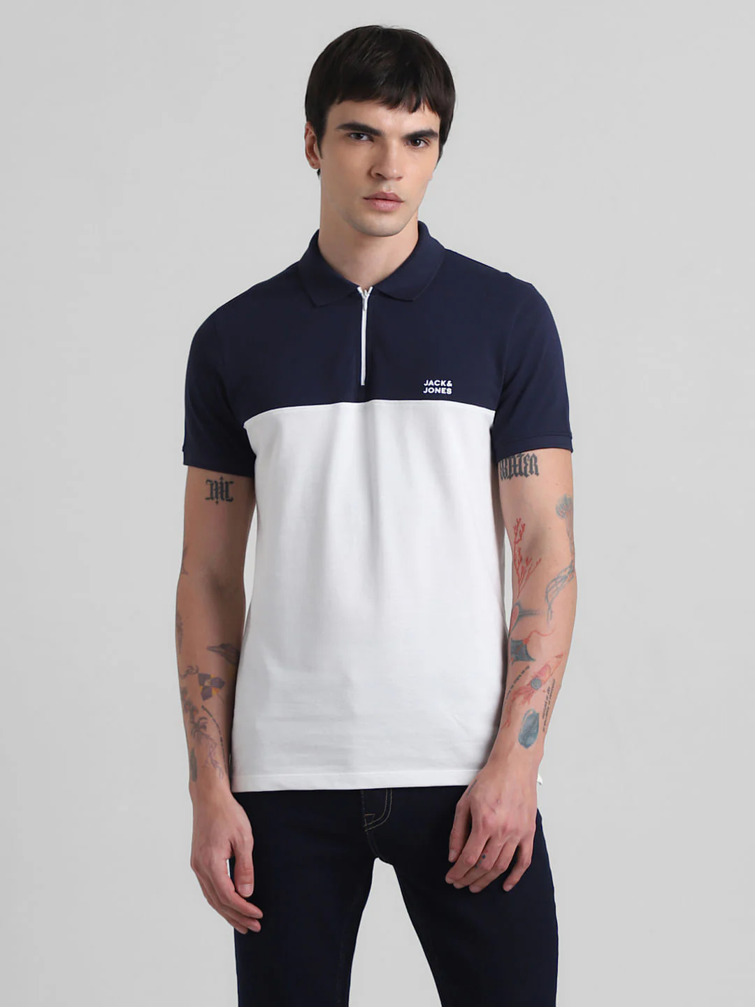 Navy Blue Colourblocked Zip-Up Polo - Image 2