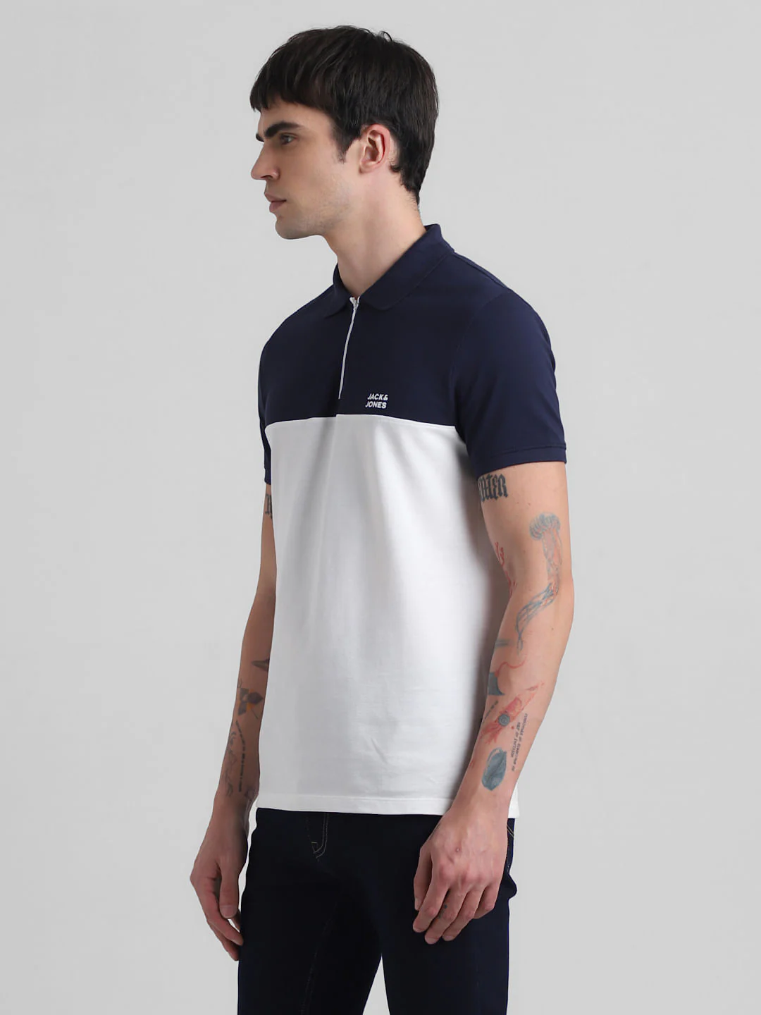 Navy Blue Colourblocked Zip-Up Polo - Image 3