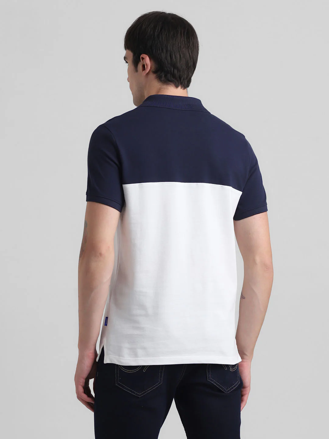 Navy Blue Colourblocked Zip-Up Polo - Image 4