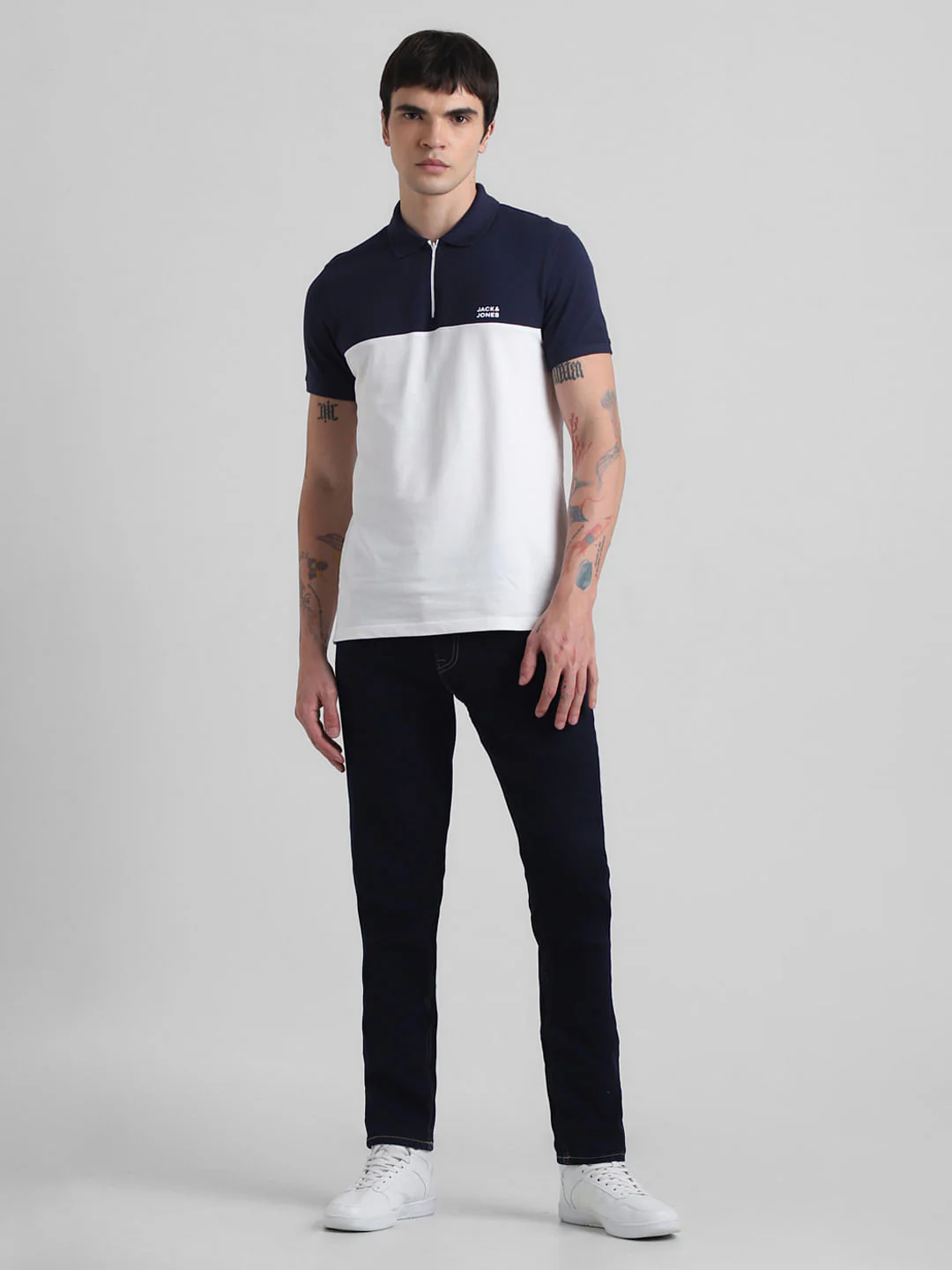 Navy Blue Colourblocked Zip-Up Polo - Image 6