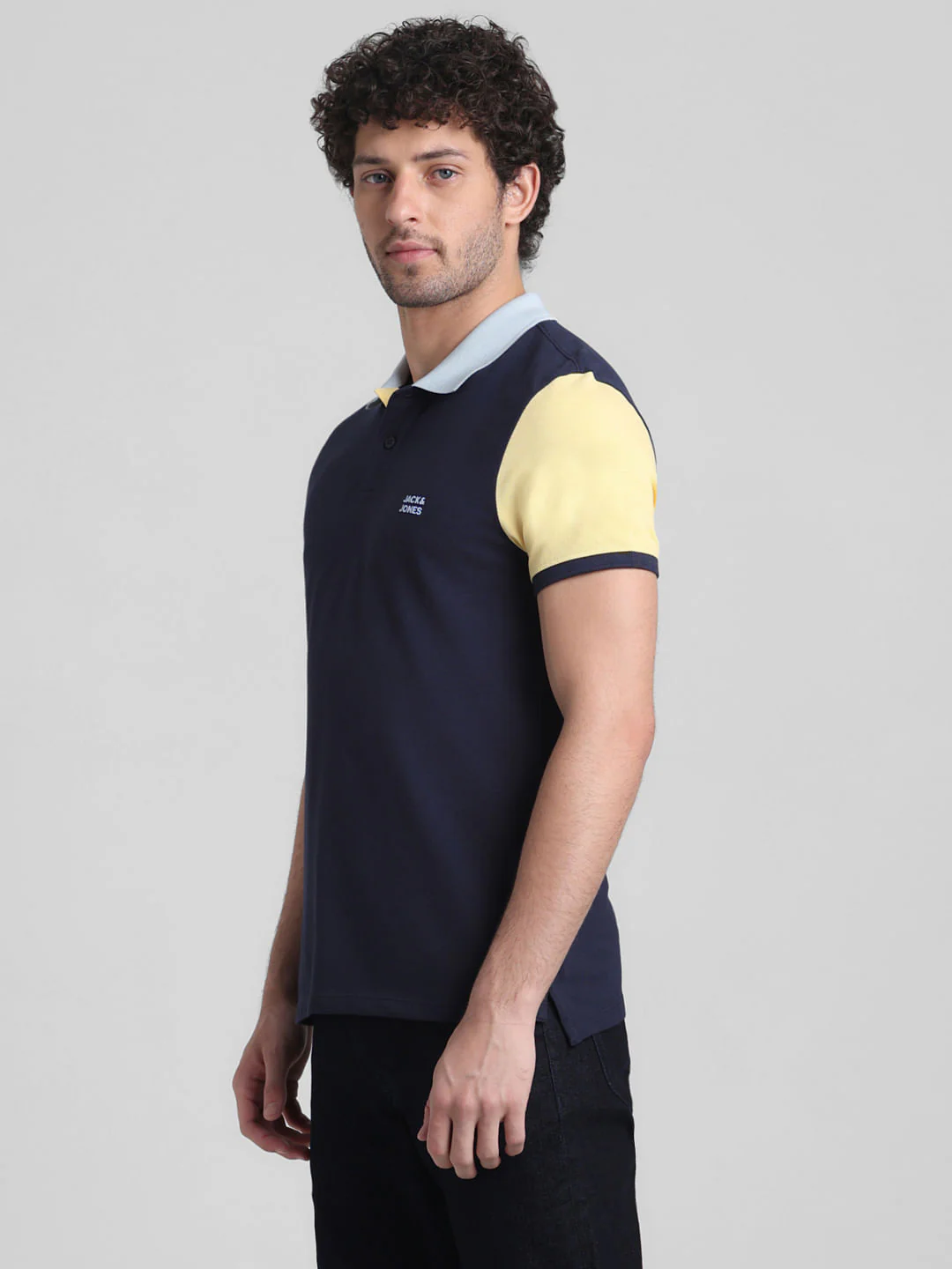Navy Blue Cotton Colourblocked Polo - Image 3