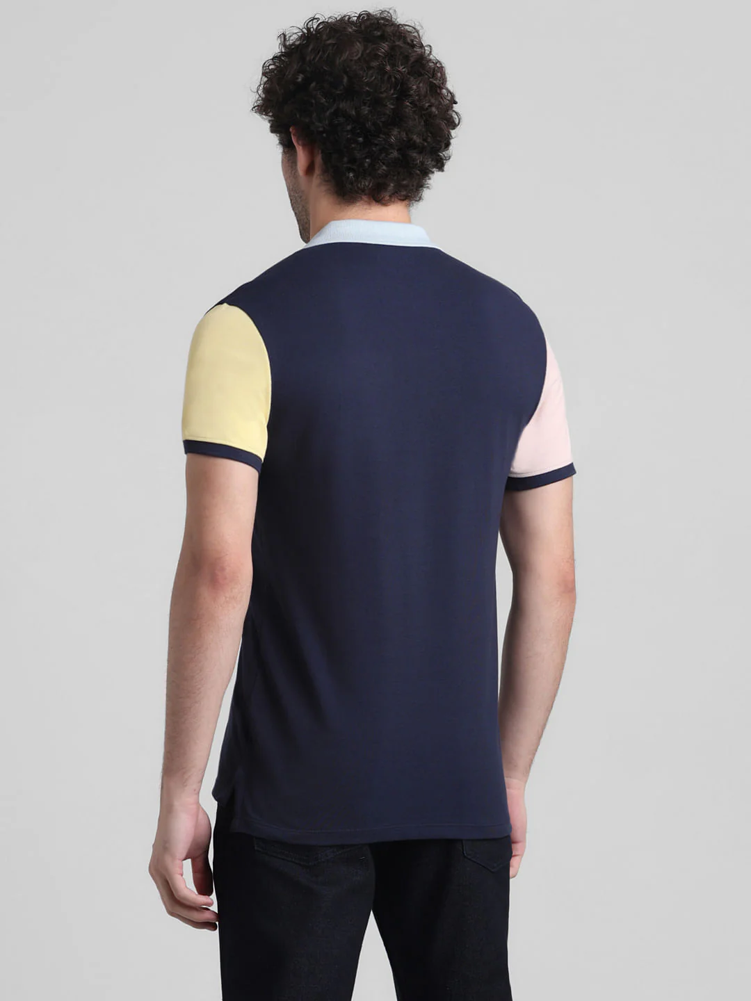 Navy Blue Cotton Colourblocked Polo - Image 4